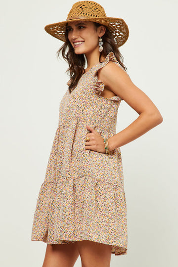HN4533 Blush Womens Ditsy Floral Print Ruffle Detail Tiered Sleeveless Dress Side